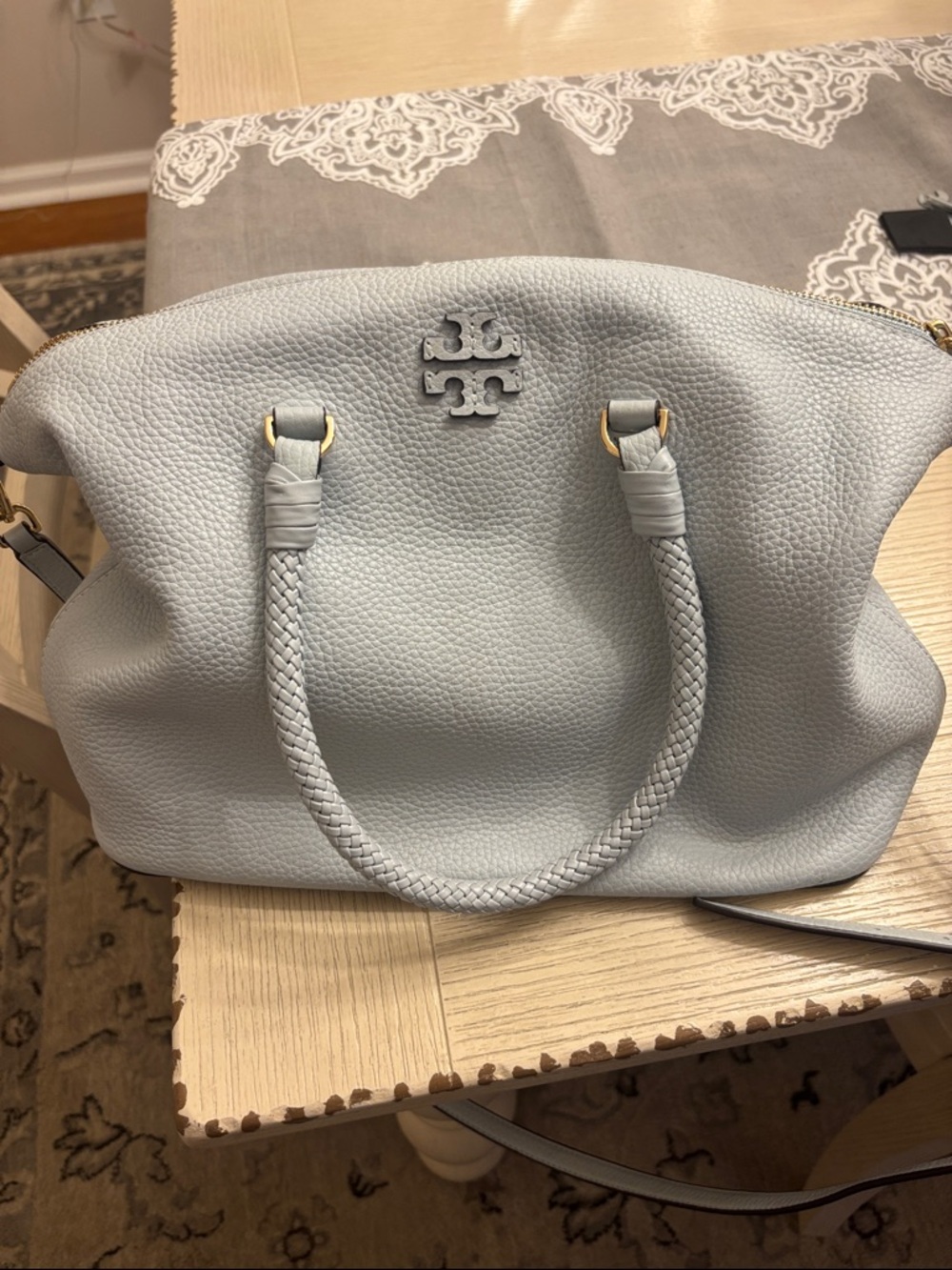 Tory Burch Pebbled Leather Satchel in Pale blue